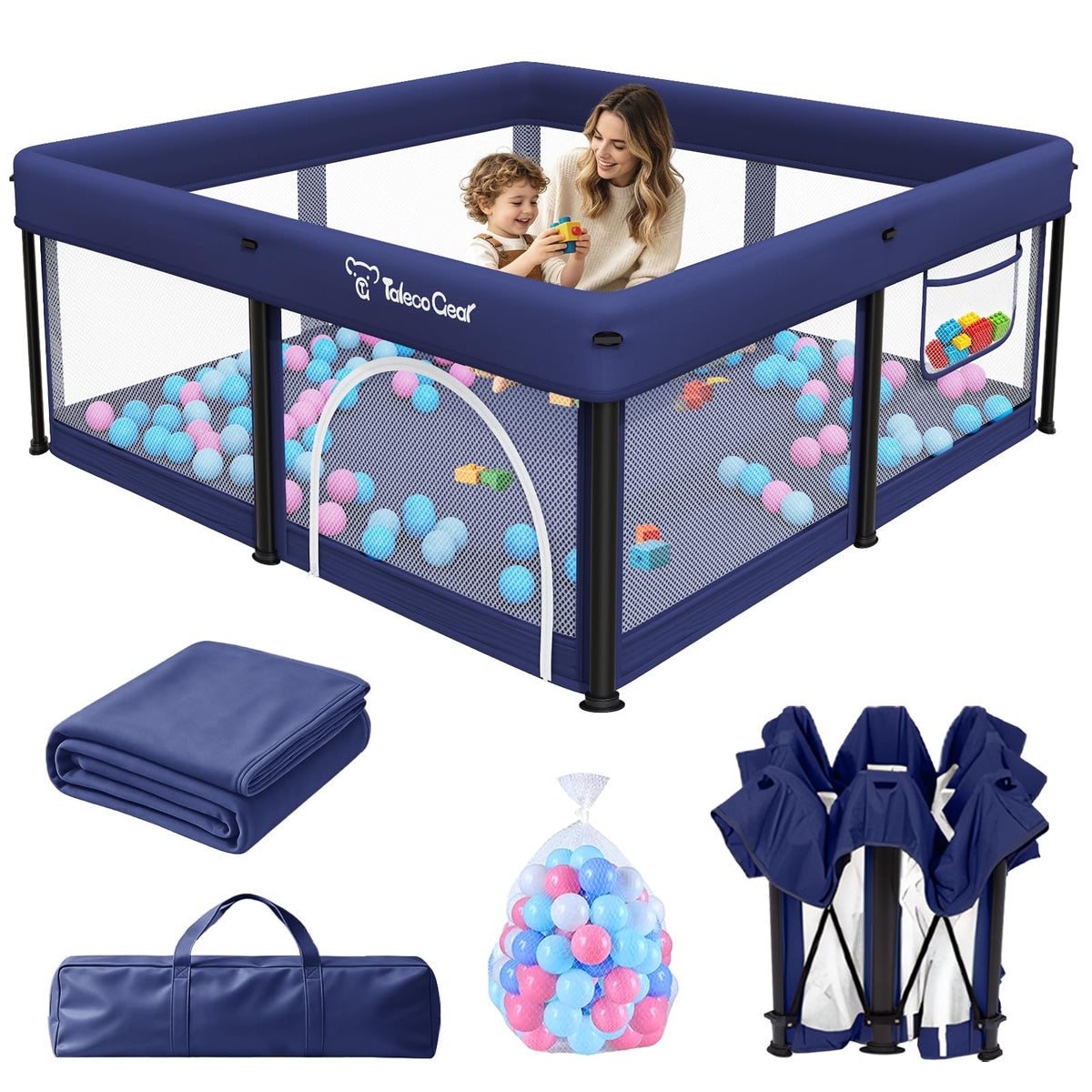 Foldable Baby Playpen with Mat, 50"×50" Collapsible Play Pen for Babies and Toddlers, Indoor & Outdoor Kids Safety