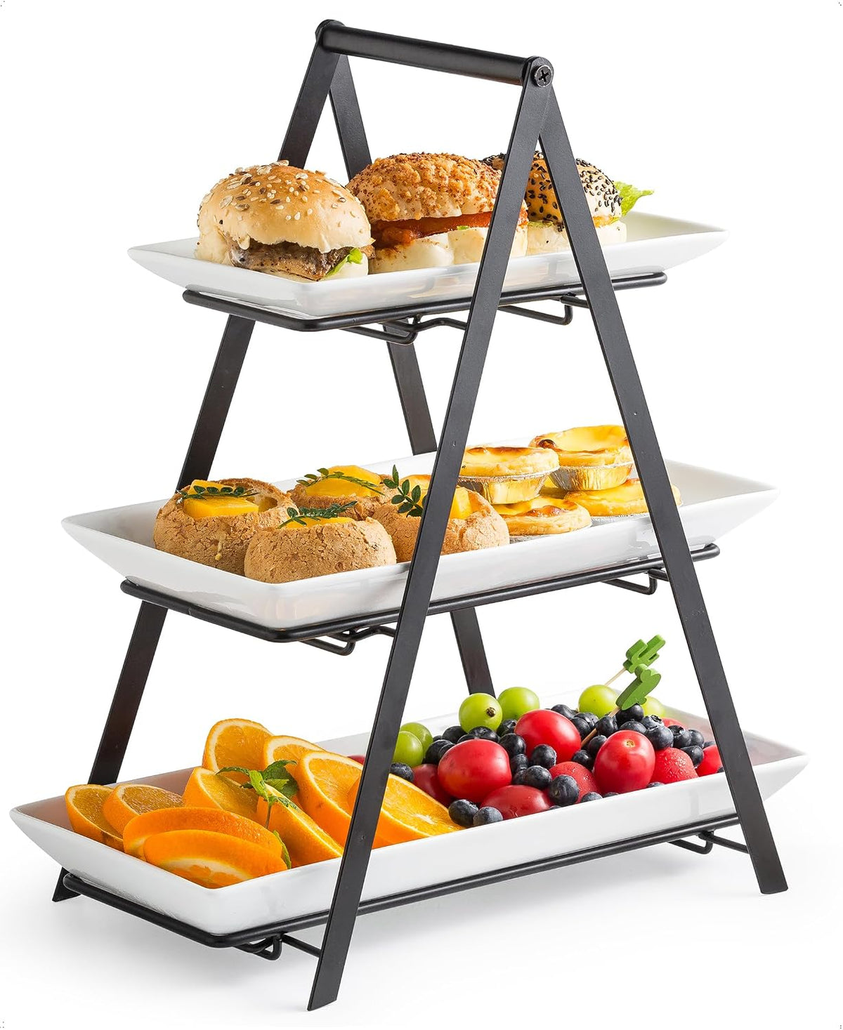 3 Tier Serving Tray Tiered Tray Stand, 10+12+14 Inch, Black | Ceramic Serving Platters and Trays with Metal Rack