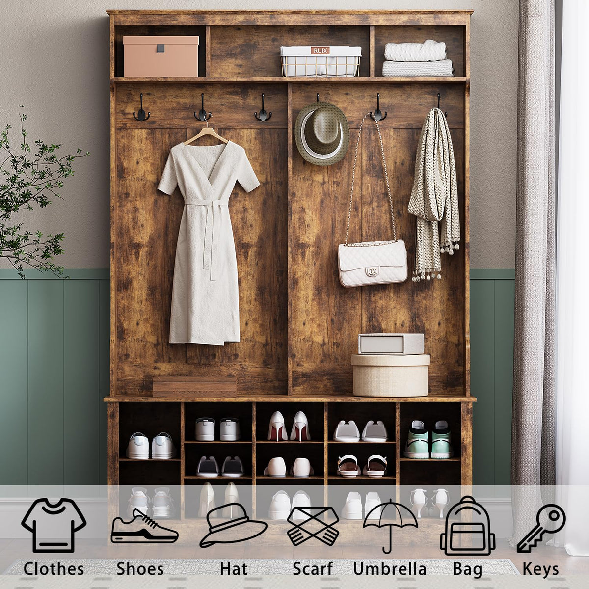 Hall Tree with Bench and Shoe Storage, 53" Farmhouse 4-in-1 Mudroom Storage Organizer with Coat Rack, 6 Hooks, 12