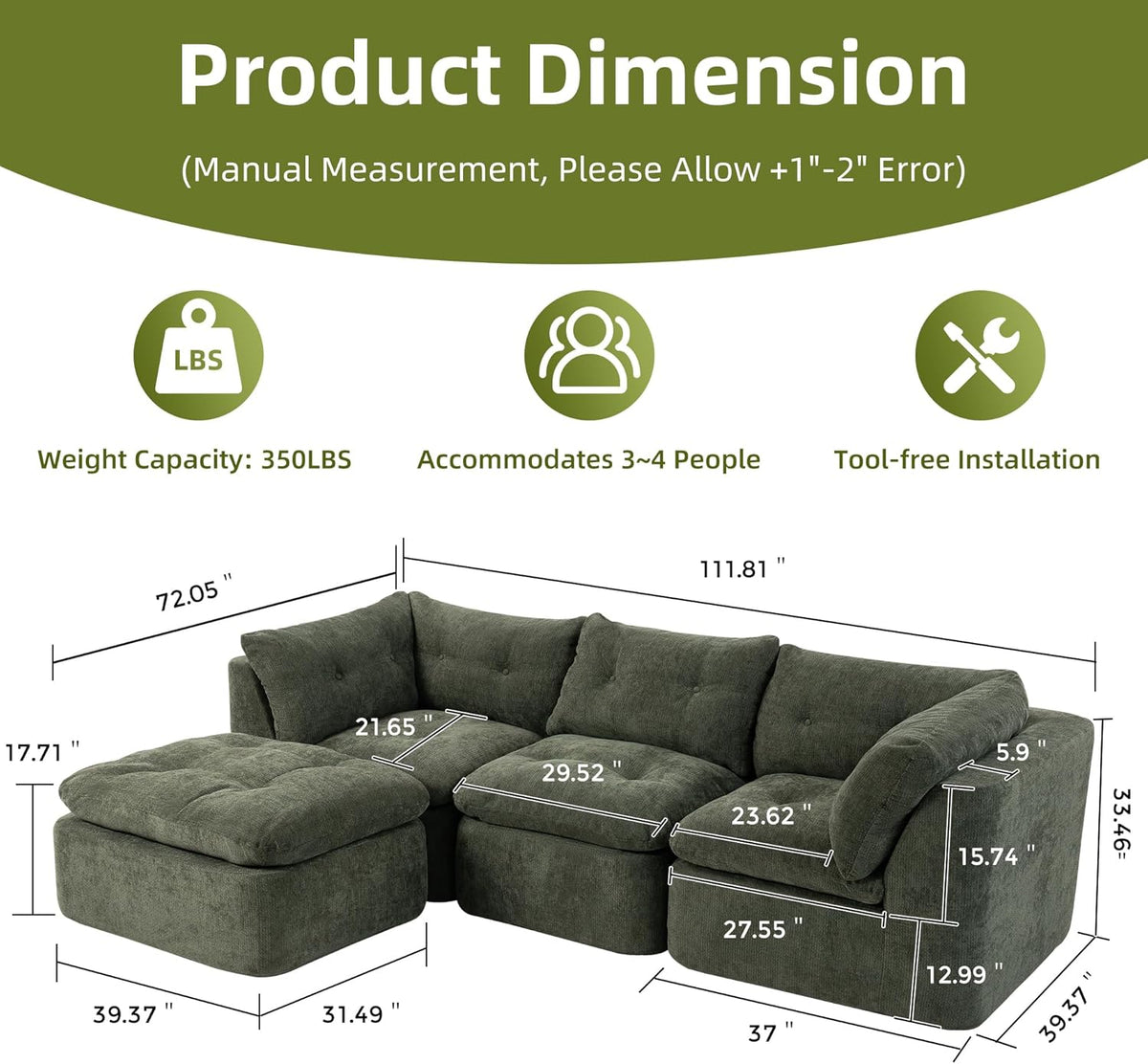 Tufted Cushions Cloud Sectional Boneless Sectional Sofa with Movable Ottoman, 112" Oversized Modular Convertible L
