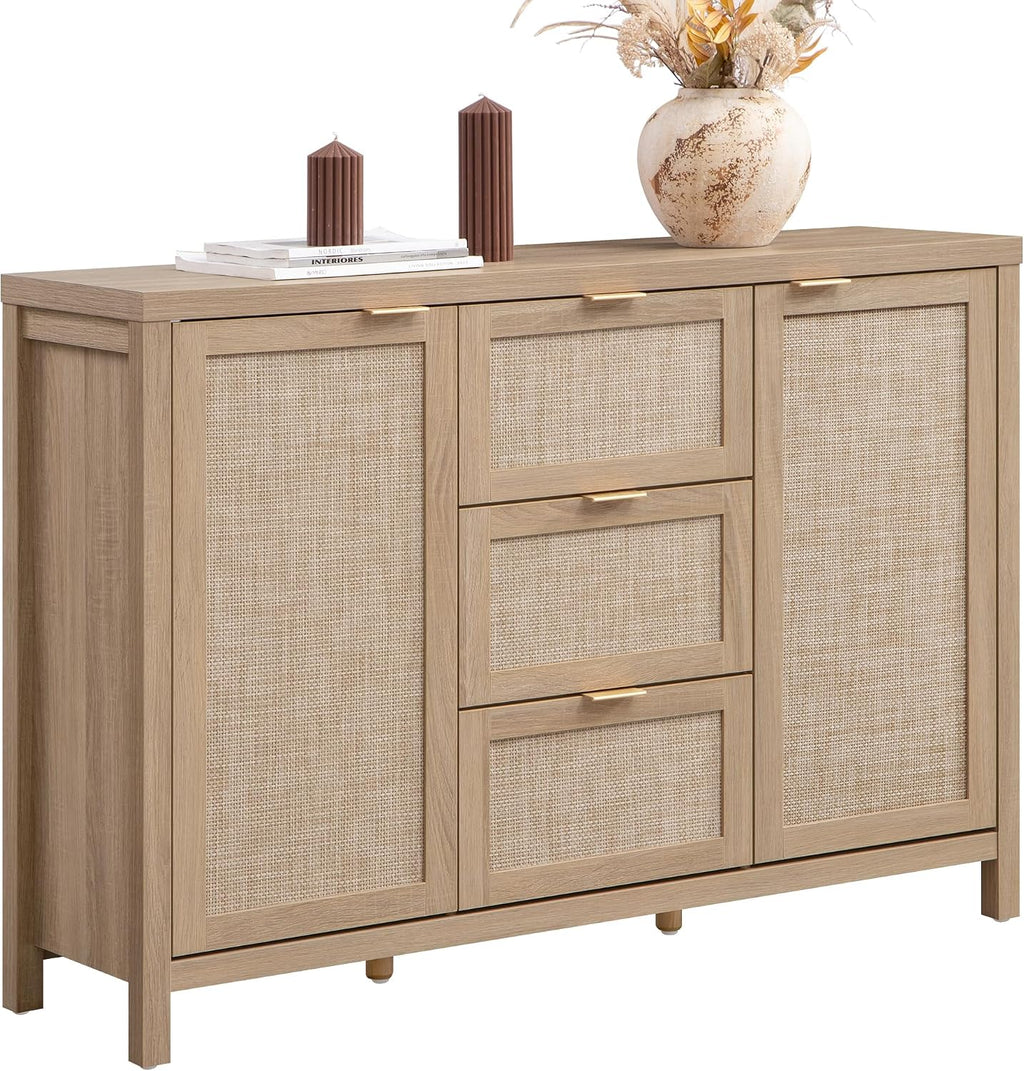 52 Inch Sideboard Buffet Cabinet with Storage, Rattan Credenza | Farmhouse Boho Coffee Bar Cabinet Storage Cabinet