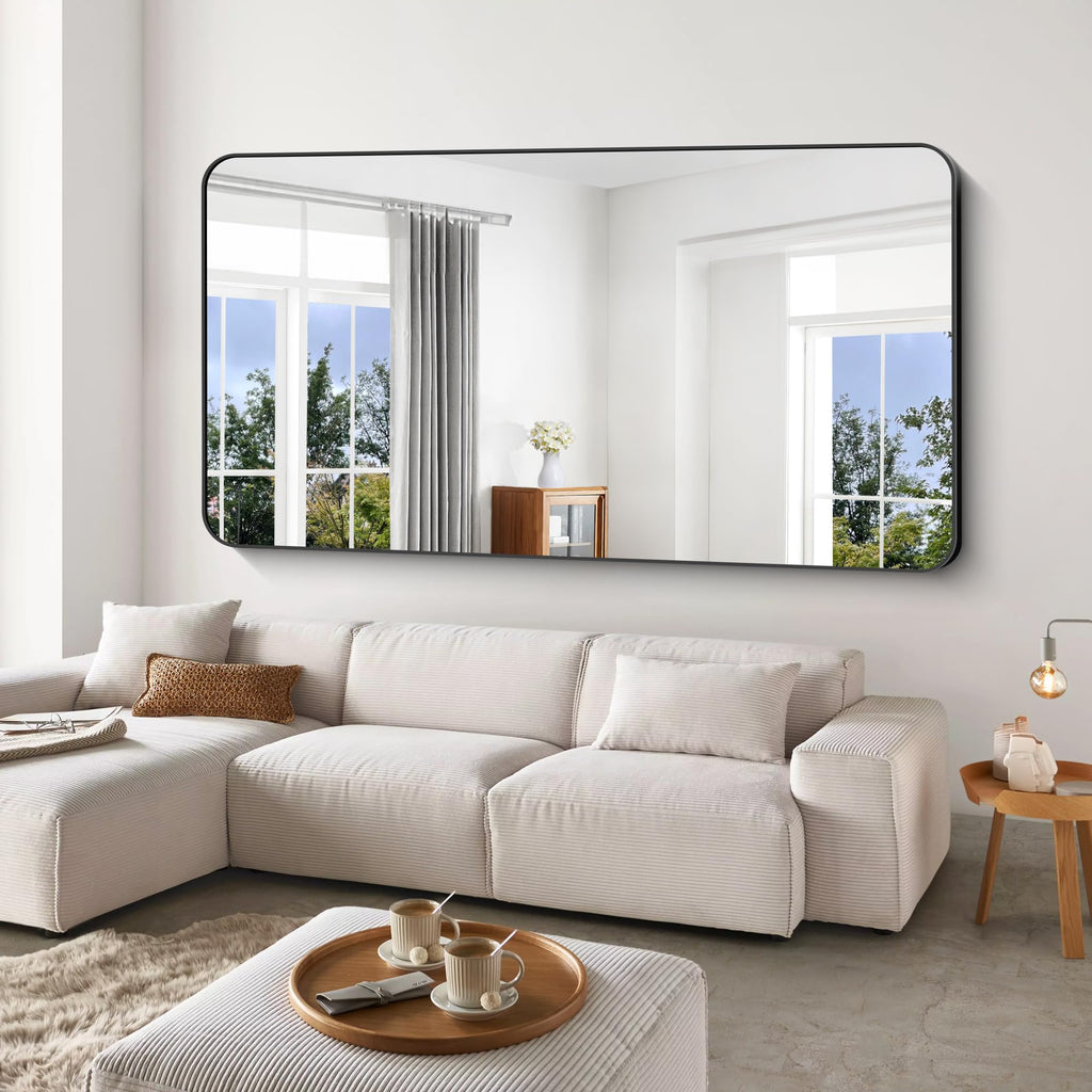 Large Bathroom Mirror 72x36 inch, Black Rectangle Mirrors with Metal Frame, Rounded Corner Rectangular Mirror