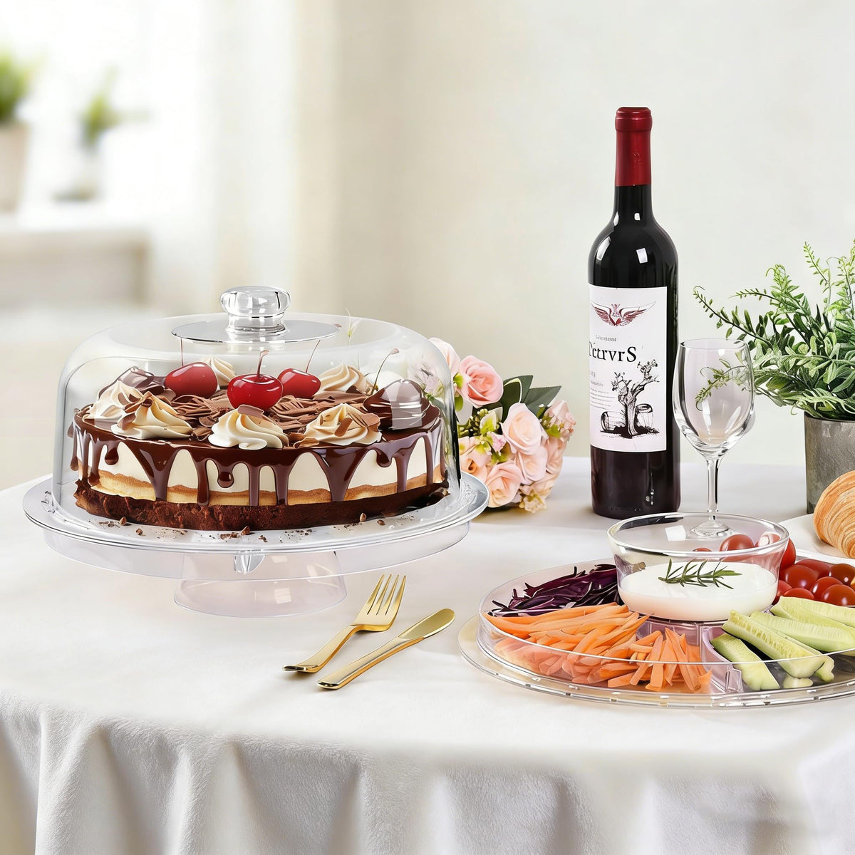 Acrylic Cake Stand with Dome Lid, 12.2 Inch 6-in-1 Clear Cake Plate Carrier with Handle, Crystal Display Holder