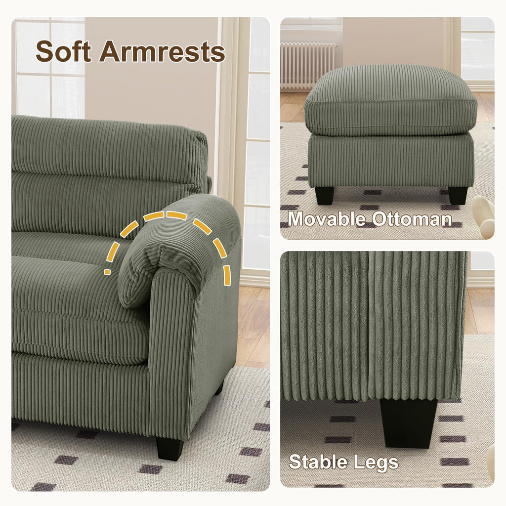 115" Modular Sectional Sofa Couch with 3 Movable Ottoman, Oversized Corduroy L Shaped Couches with Rolled Arms