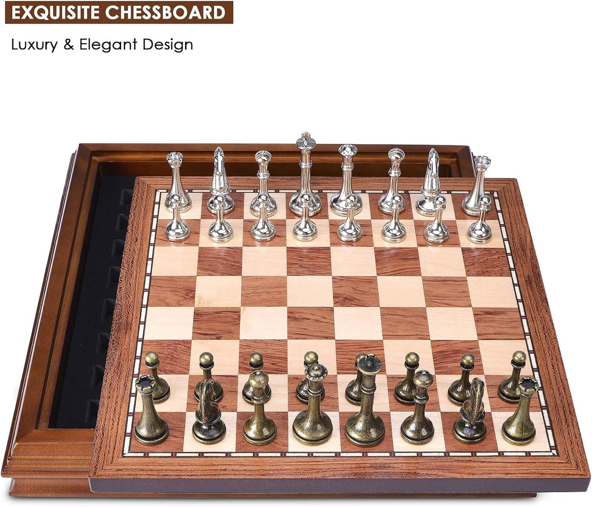 Wooden Chess Board Set with Pieces Storage for Adults Kids, 12.5 Inch Chess Set with Metal Pieces, Unique Chess Game