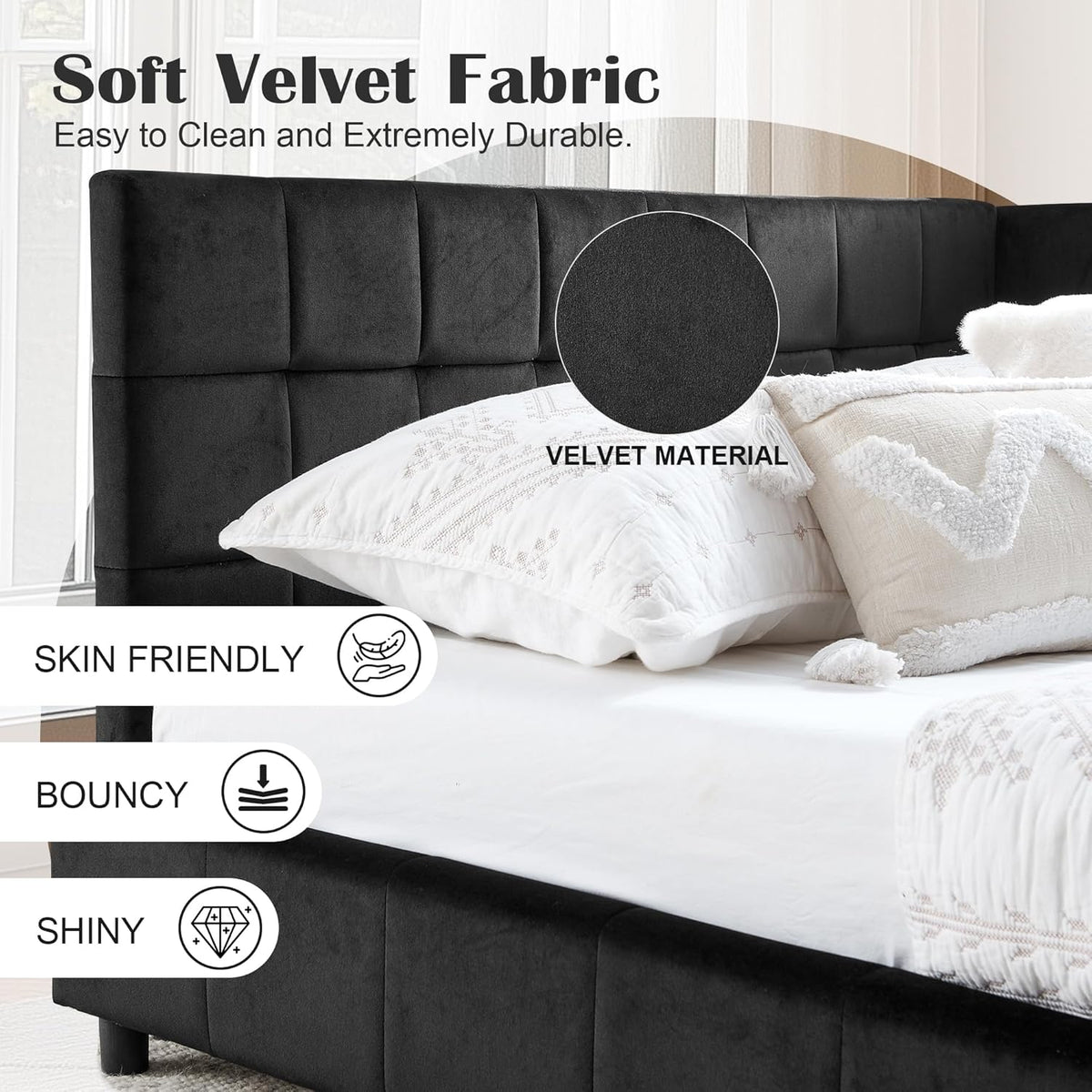 Queen Size Daybed L-Shaped, Modern Velvet Upholstered Sofa Day Bed Frame with Wood Slats Bedroom Guest Room, No Box