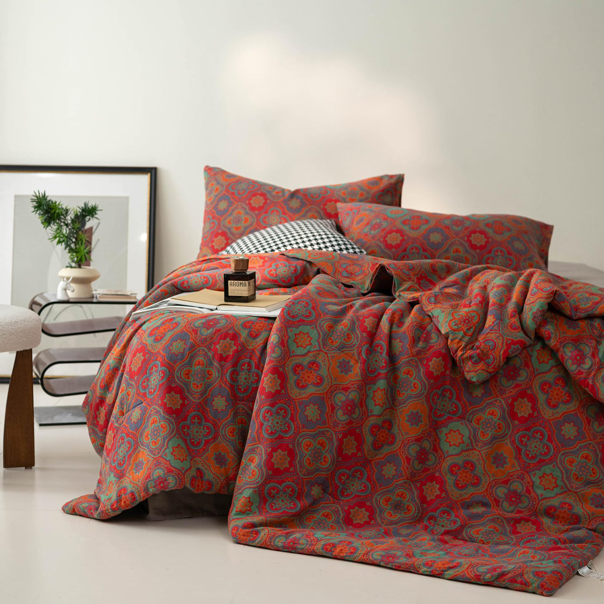 100% Cotton Muslin Jacquard Comforter Set, Rustic Farmhouse Floral Print, Soft Lightweight Reversible 3 Piece Bedding