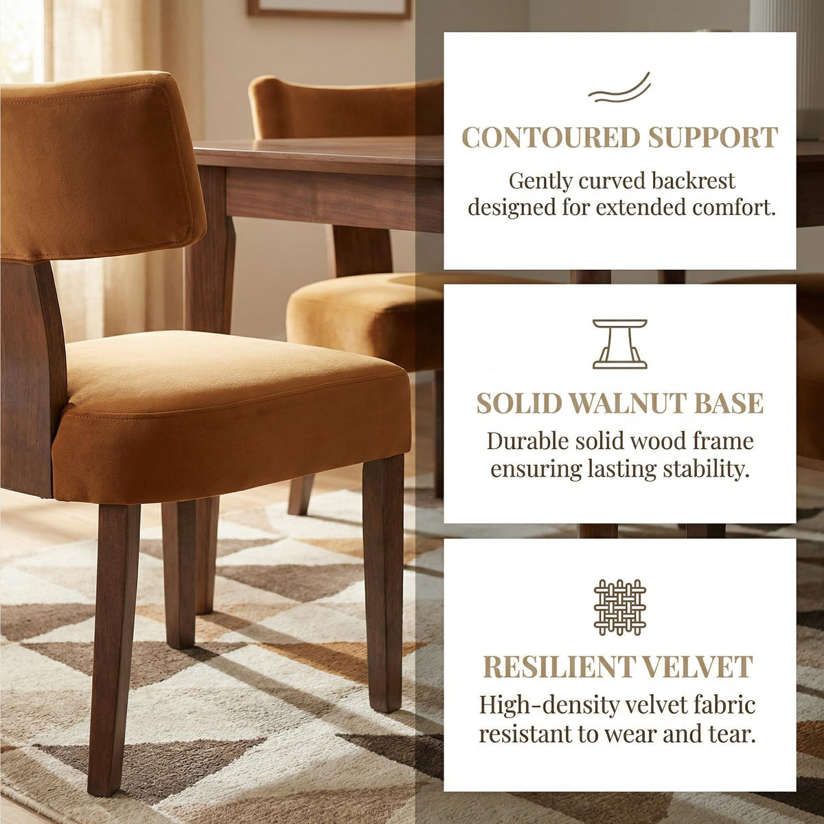 Mid Century Modern Dining Chairs, Velvet Fabric Farmhouse Upholstered and Curved Backrest Kitchen Accent Chairs Set