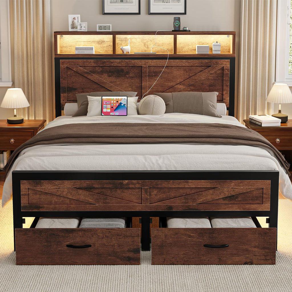 Rustic Bed Frame with Storage Drawers, Farmhouse LED Bed Frame with Barn Door Headboard and Charging