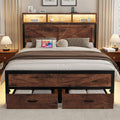 Rustic Bed Frame with Storage Drawers, Farmhouse LED Bed Frame with Barn Door Headboard and Charging