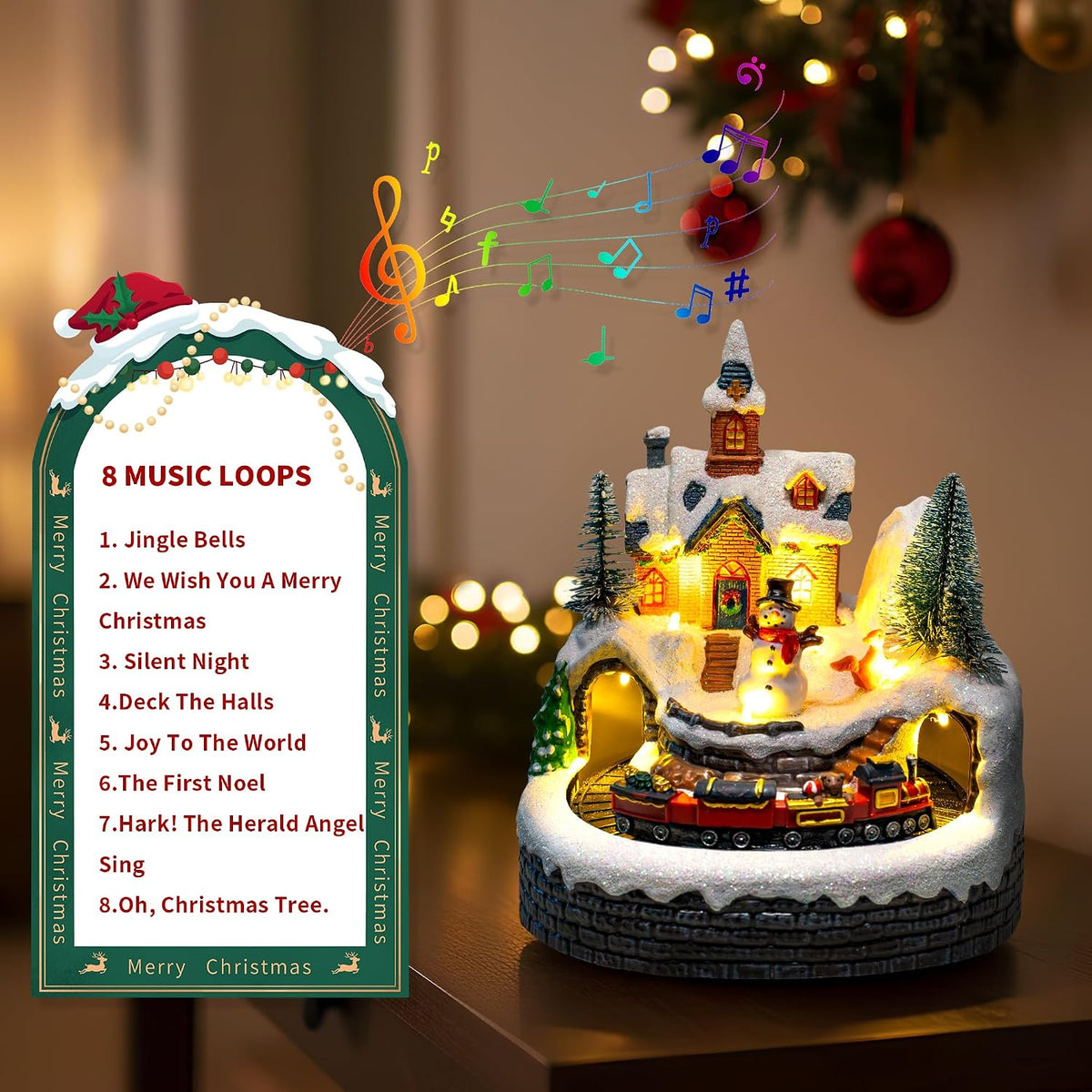 Animated Musical Christmas Village Figurines - Church Building and Snowman Statues with Rotating Train, LED Lights