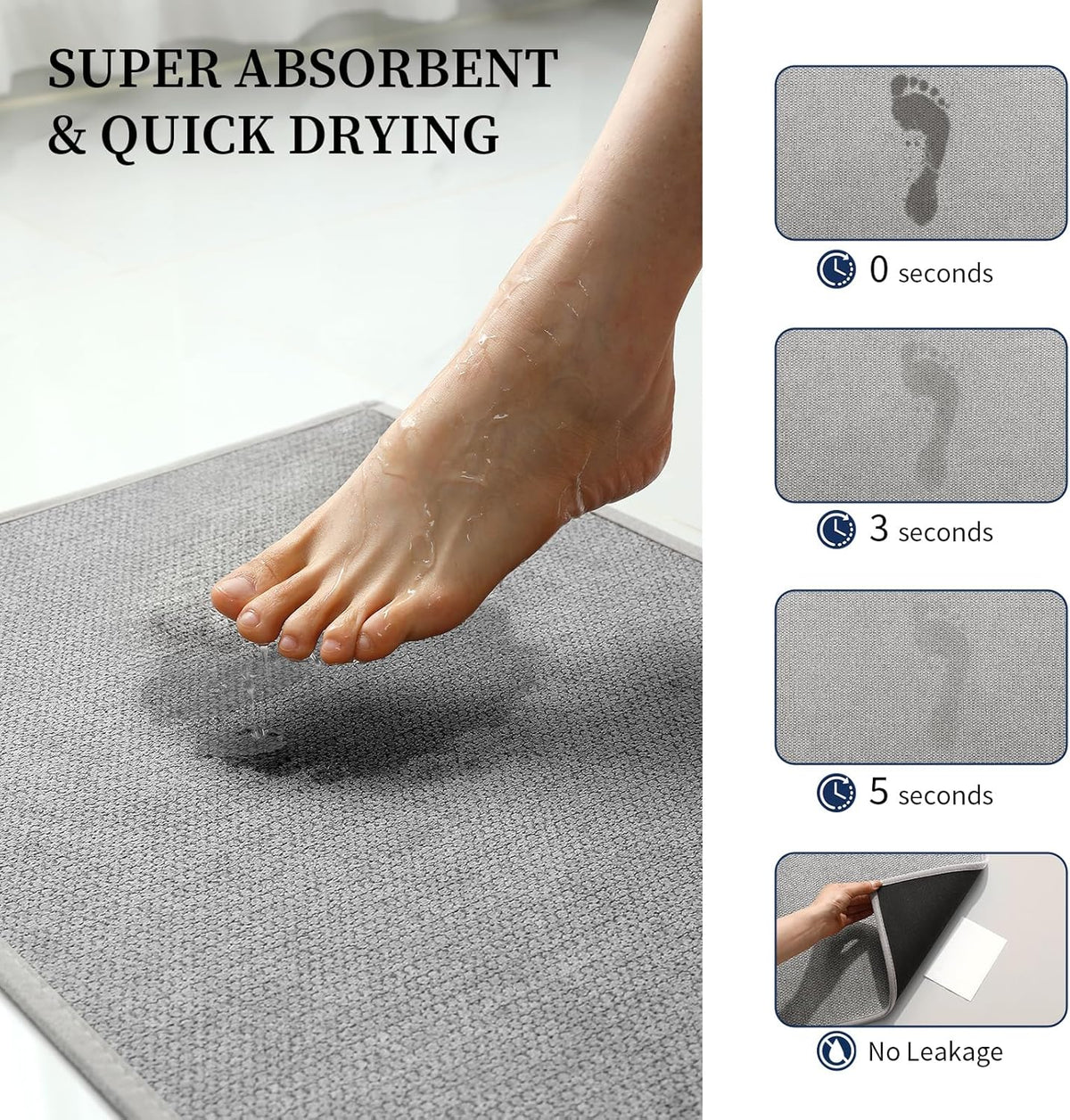 Gray Bathroom Rugs Sets 2 Piece, Quick Dry Thin Bath Mat, Non Slip Absorbent Machine Washable, Bath Runner Rug for
