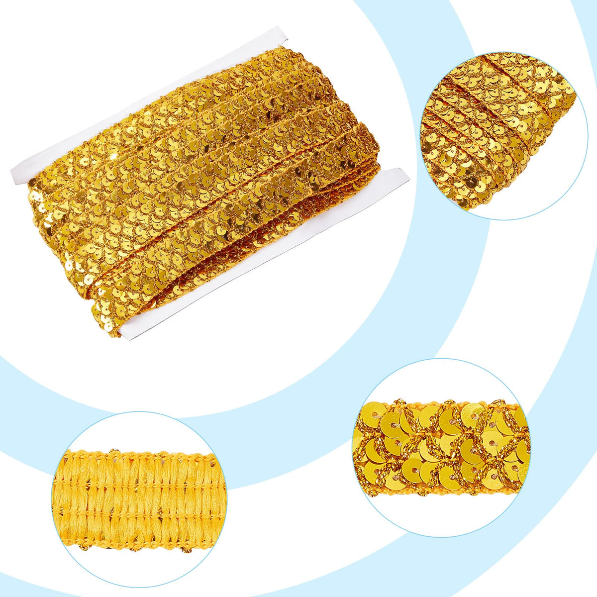 0.78" Gold Sequin Trim Lace Ribbon Braid Sequins Beads Glitter Ribbon Sequin Strips 3 Rows Paillette Roll for - 14Yds