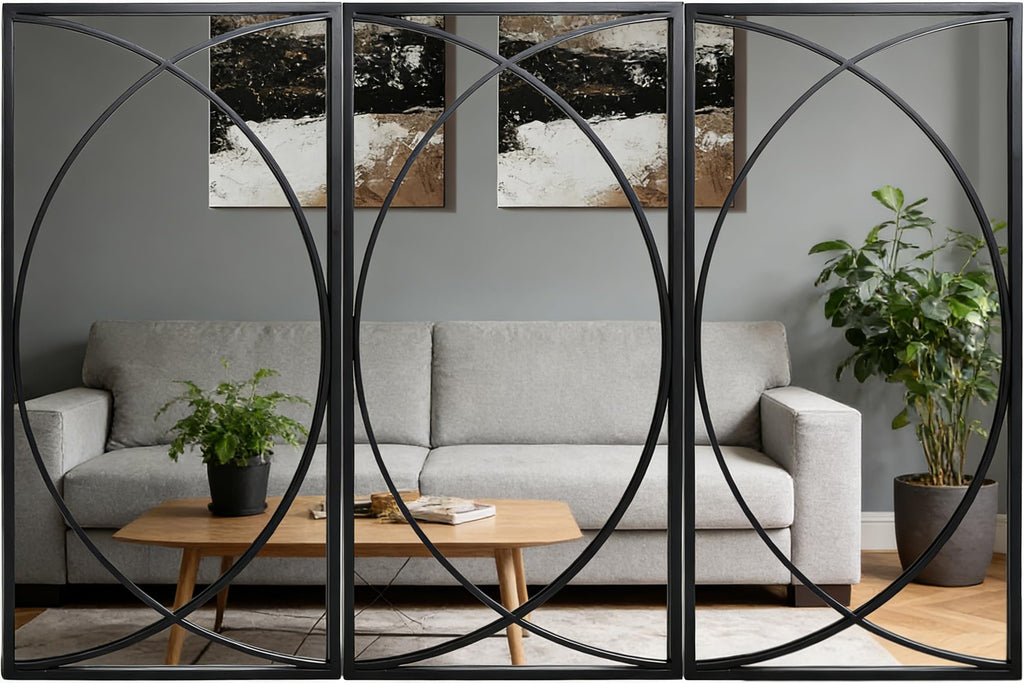 3 Pieces Black Rectangular Wall Mirror Set Decor