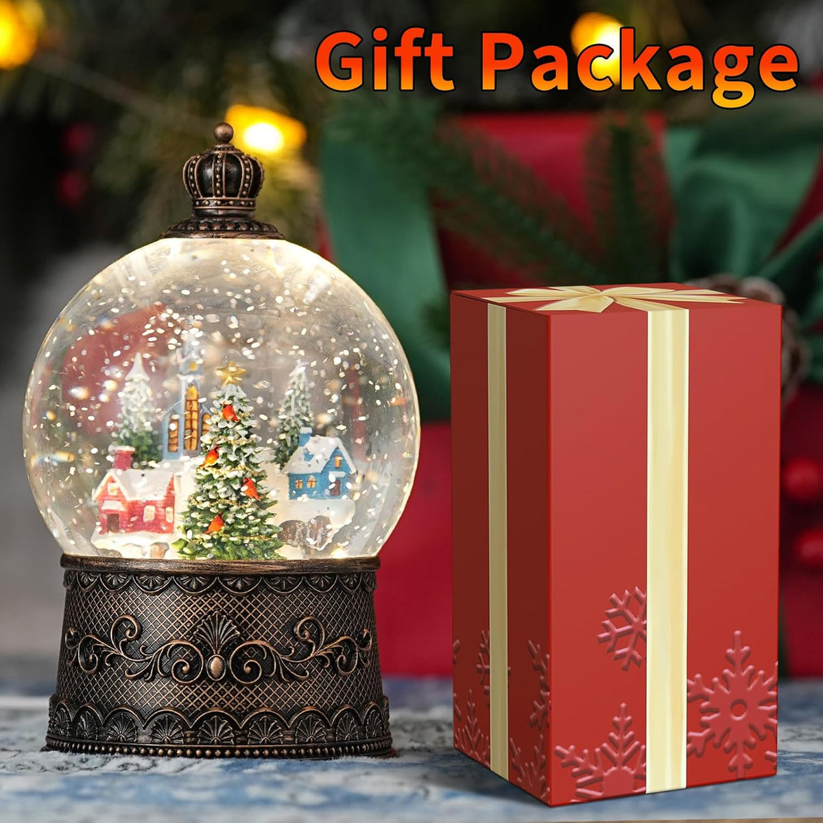 Snow Globe with Christmas Tree & Village, Light Up Christmas Snow Globes with Music Timer - USB Plug or Battery