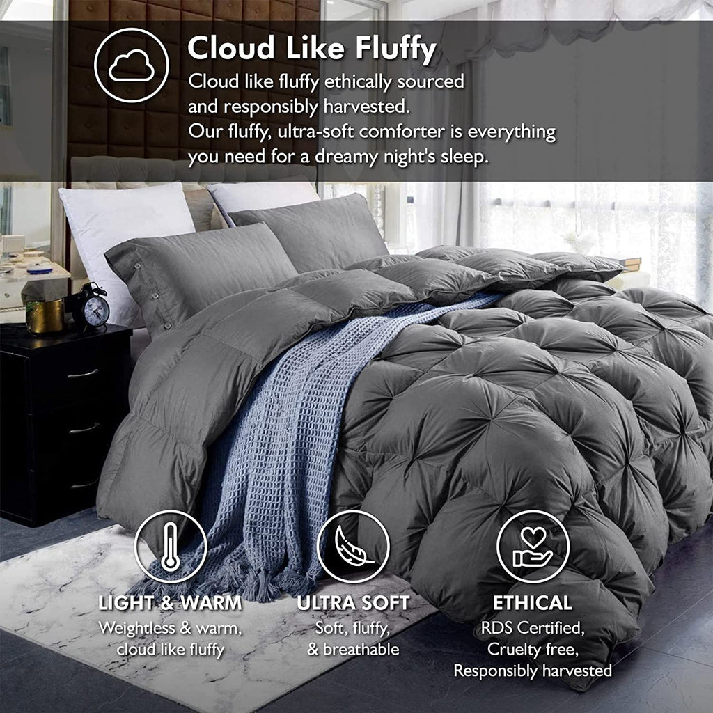 Luxurious Palatial /Super Goose Down Comforter, 120 X 90 inches, Unique Gray Pinch Pleat, 600 Thread Count