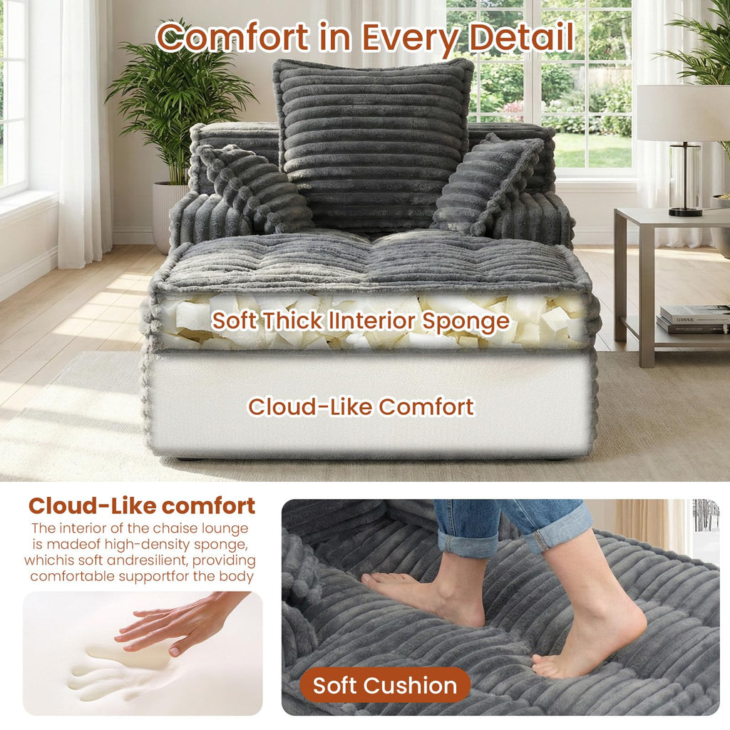 Updeta Boneless Chaise Lounge Chair Indoor, Corduroy Oversized Sleeper Chair with 3 Pillows & Wide Armrest, Comfy