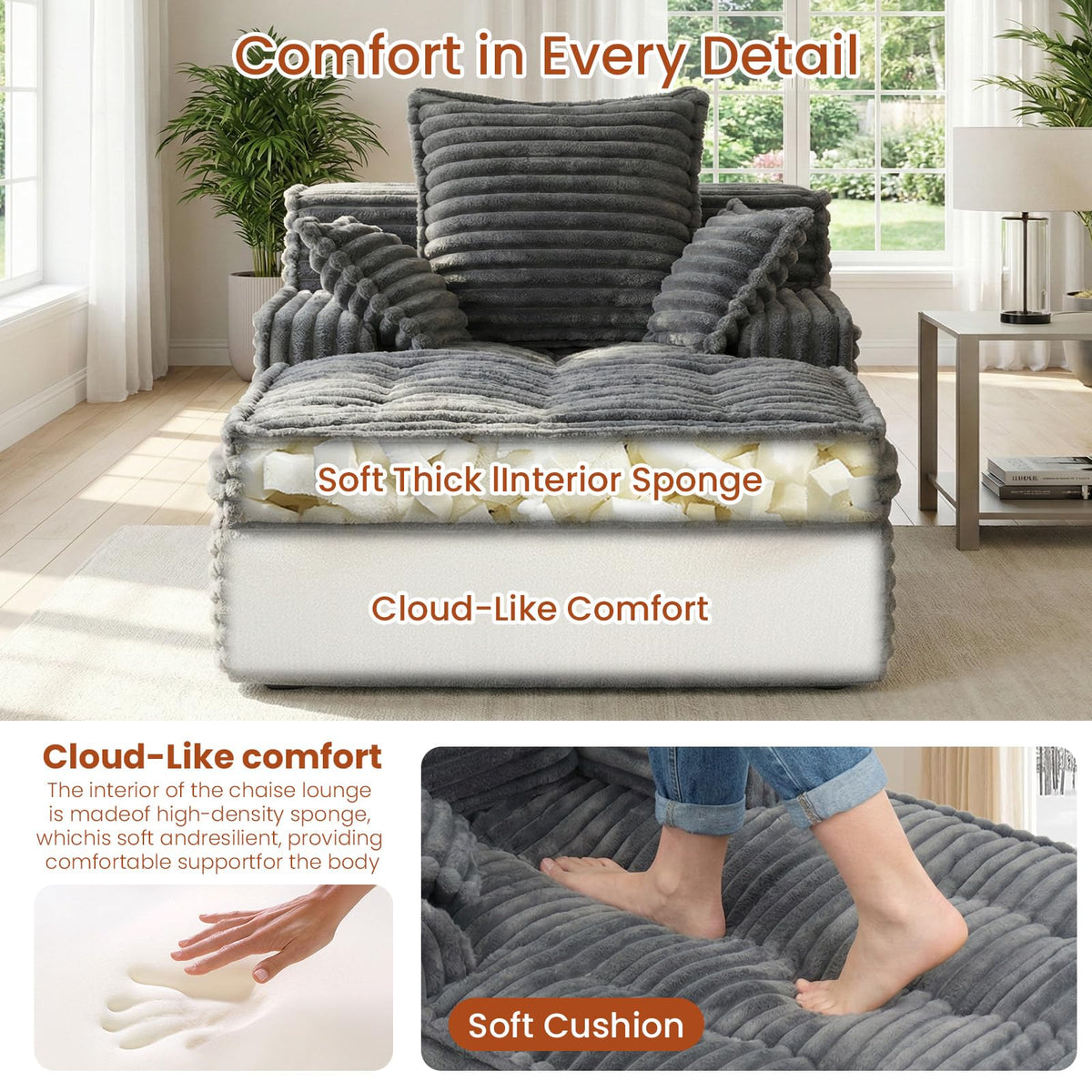 Updeta Boneless Chaise Lounge Chair Indoor, Corduroy Oversized Sleeper Chair with 3 Pillows & Wide Armrest, Comfy
