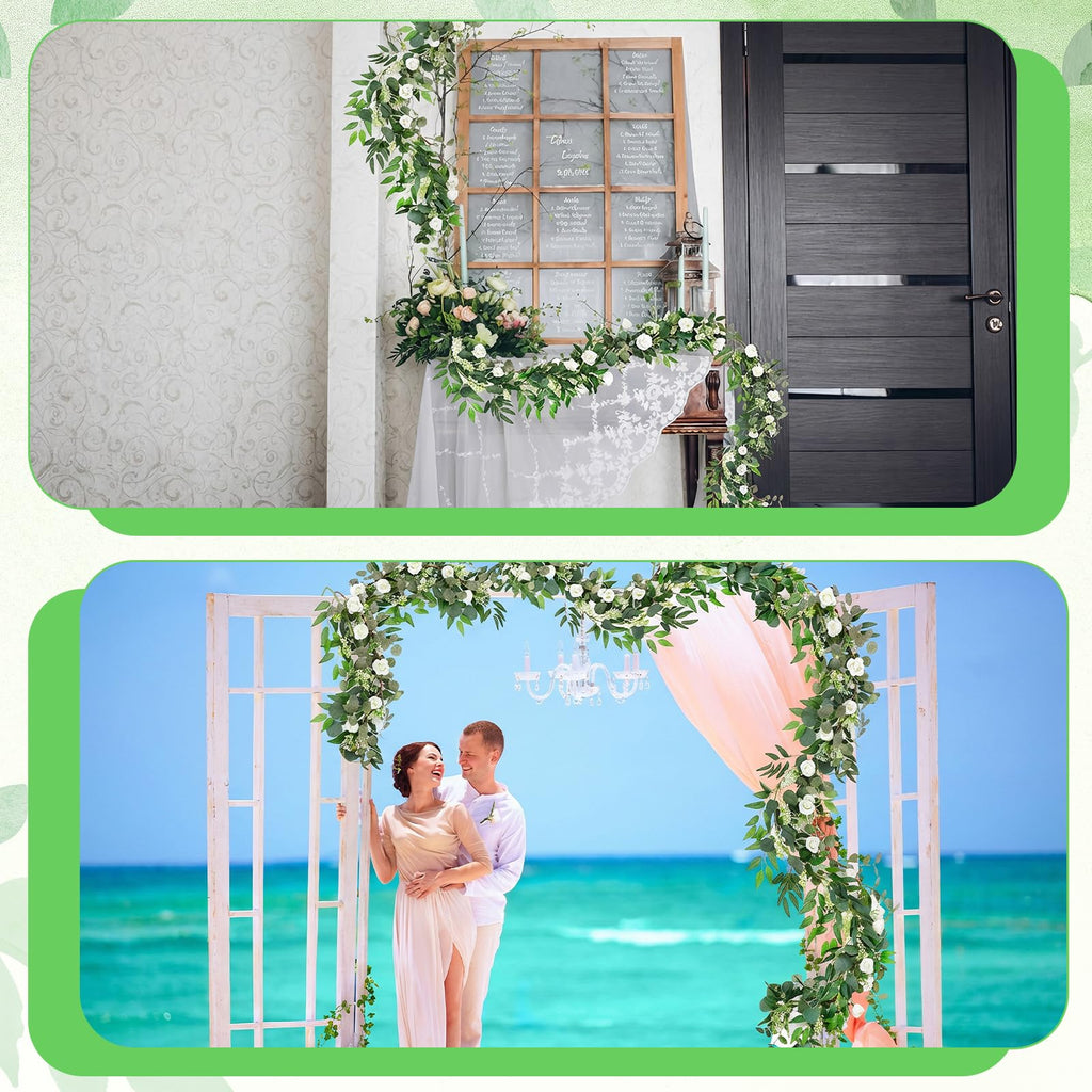 2 Pack Garland Set, 6 ft Artificial White Rose Eucalyptus Garland