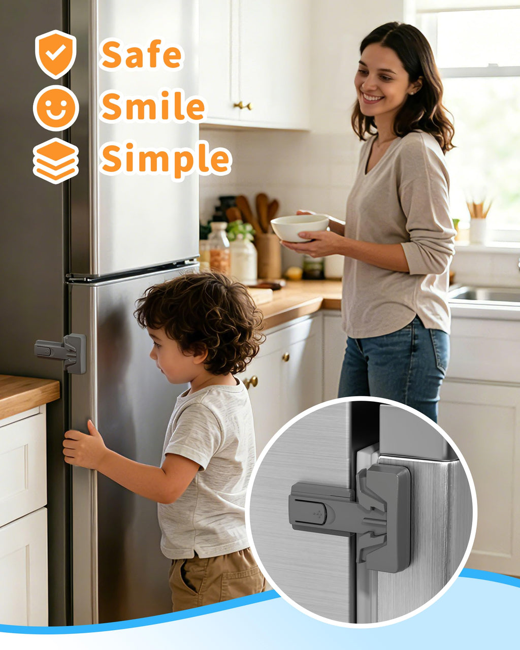 Child Safety Fridge Lock, Auto-Lock, Gray, 2-Pack