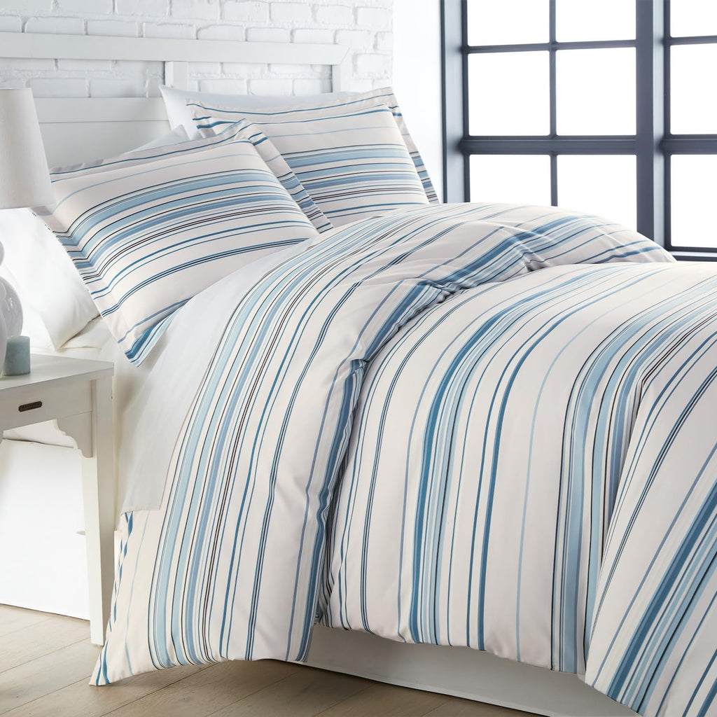 Striped Comforter Queen Set w/ 2 Pillow Shams, Coastal Bedding Stripe Blue