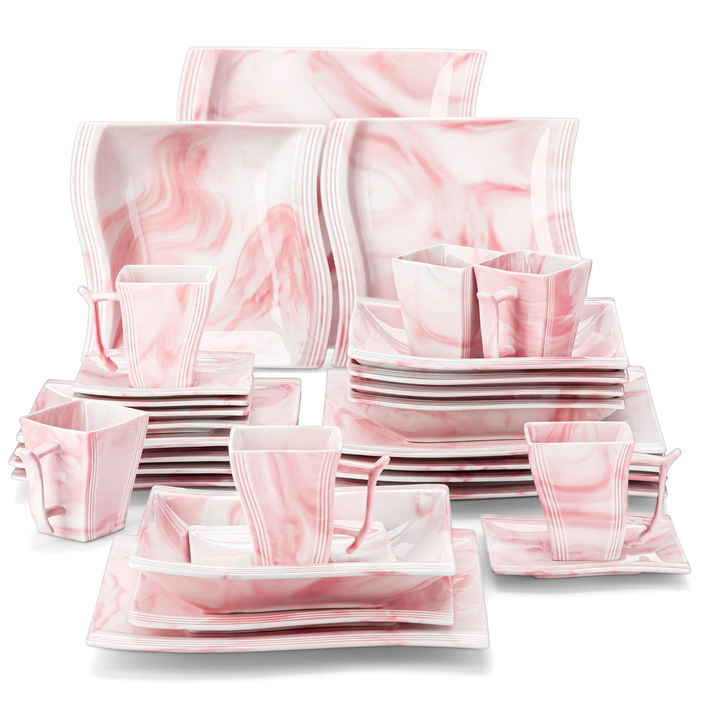 Dinnerware Sets, 30-Piece Pink Plates and Bowls Sets for 6, Porcelain Dinnerware Set with Plates and Bowls, Cups and