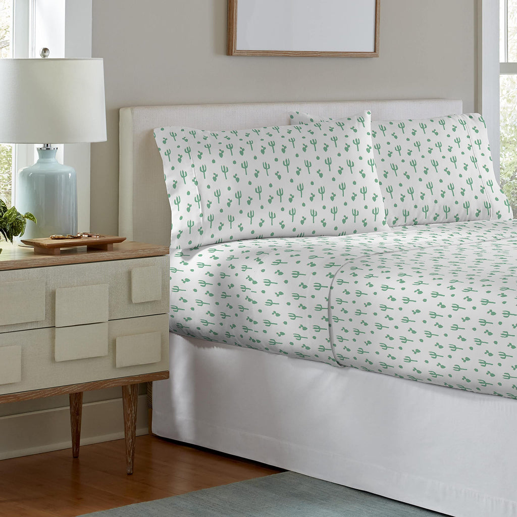 180 GSM Velvet Feel Luxury 100% Cotton Printed Flannel Sheet Set, Cactus - Warm & Cozy - Pre-Shrunk -Deep