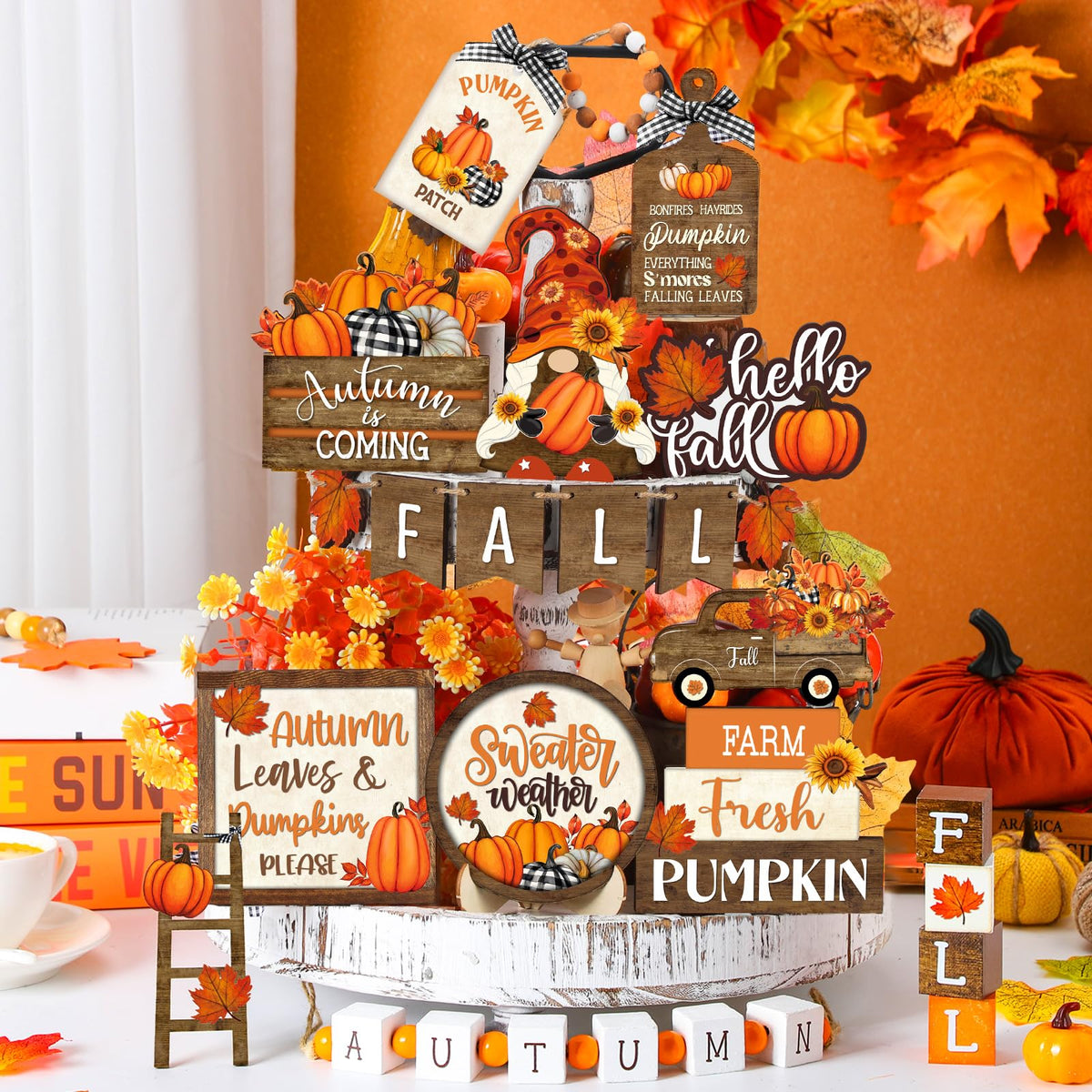 21 Pcs Fall Tiered Tray Decor Set Vintage Pumpkin Gnome Truck