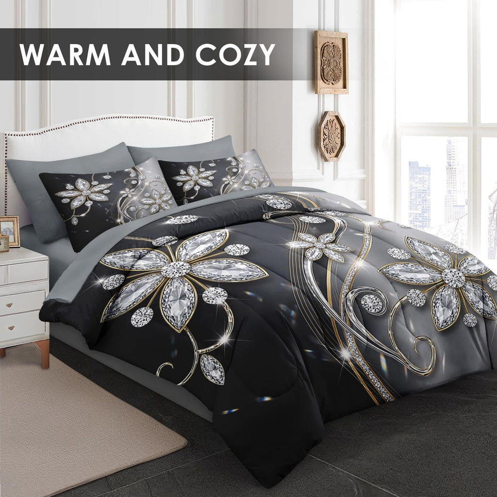 Full Comforter Set with Sheets, 7 Pieces Diamond Crystal Bedding