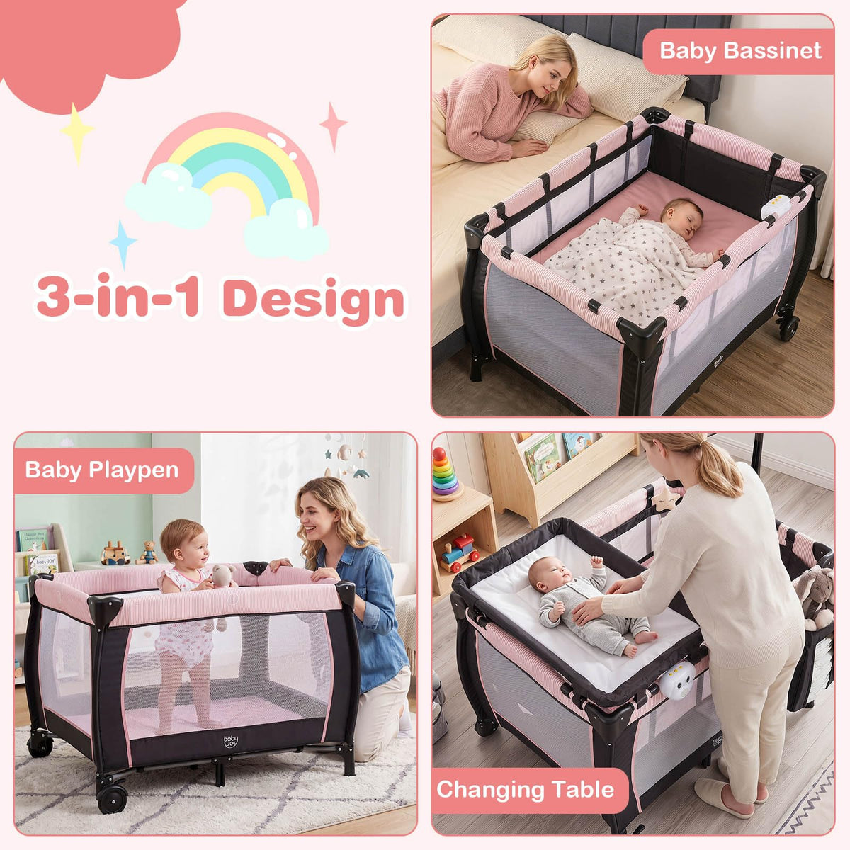 3 in 1 Play Yard, Portable Baby Playard w/Bassinet