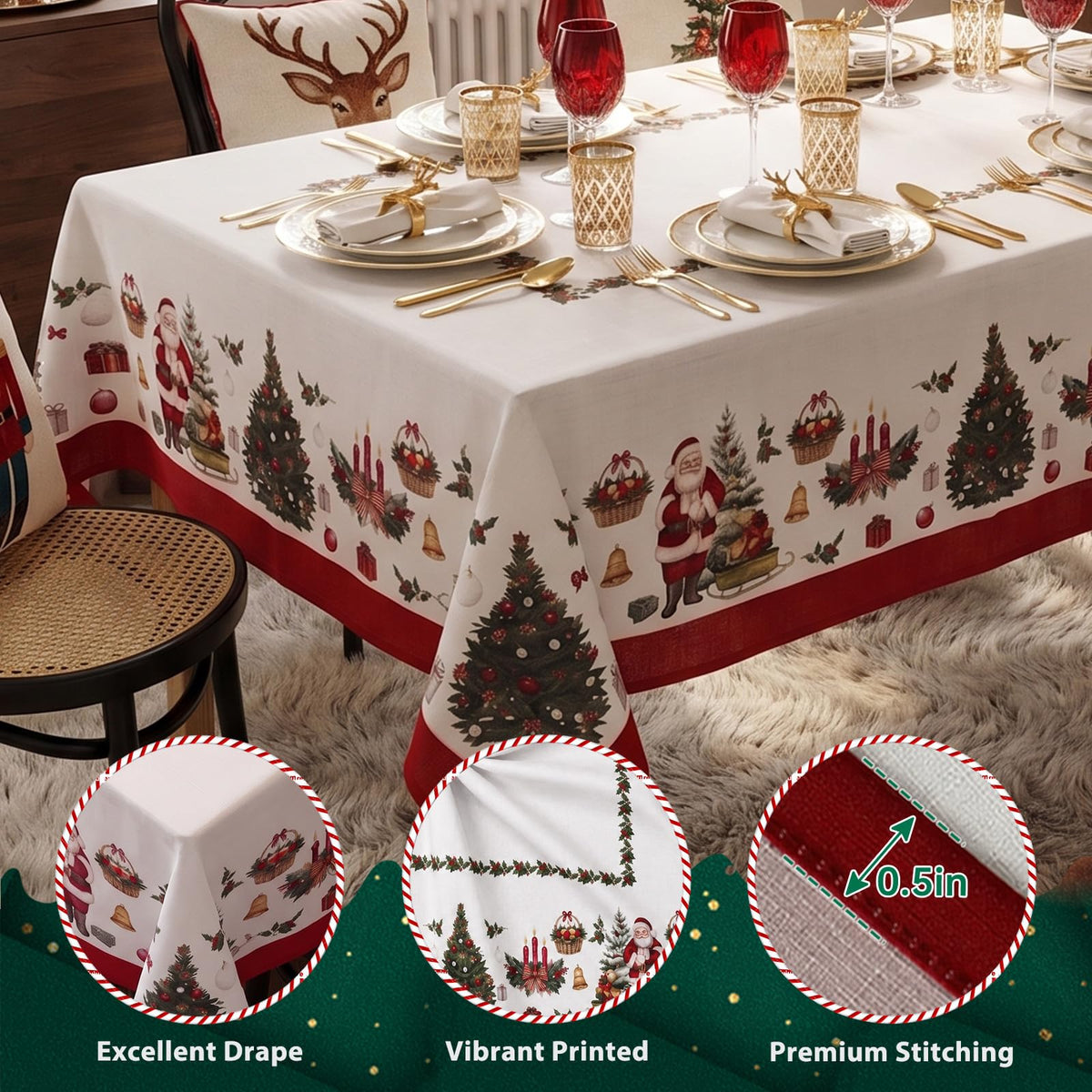 Christmas Tablecloth Santa Claus & Tree Print, 60 x 84 Inches