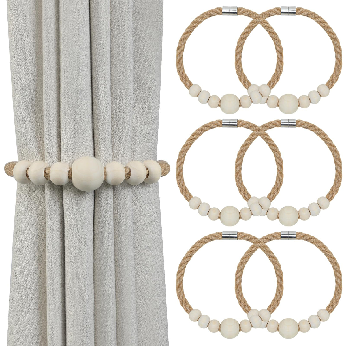 Magnetic Curtain Tiebacks, 6 Pack Wood Bead Curtain Holdbacks, Decorative Curtain Ties for Drapes, Boho Curtain Tie