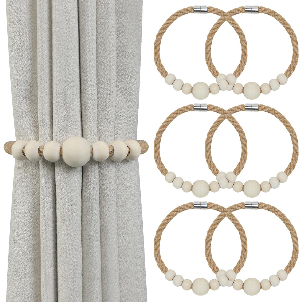 Magnetic Curtain Tiebacks, 6 Pack Wood Bead Curtain Holdbacks, Decorative Curtain Ties for Drapes, Boho Curtain Tie