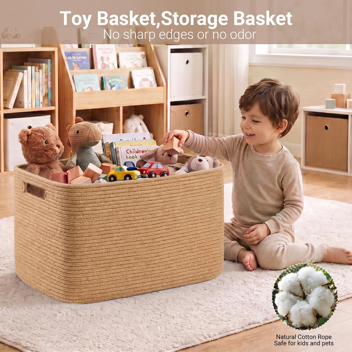 75L Large Jute Rope Storage Basket, 22"x17"x12" Woven Laundry Hamper, Blanket Basket , Toy Storage Bin for Kids