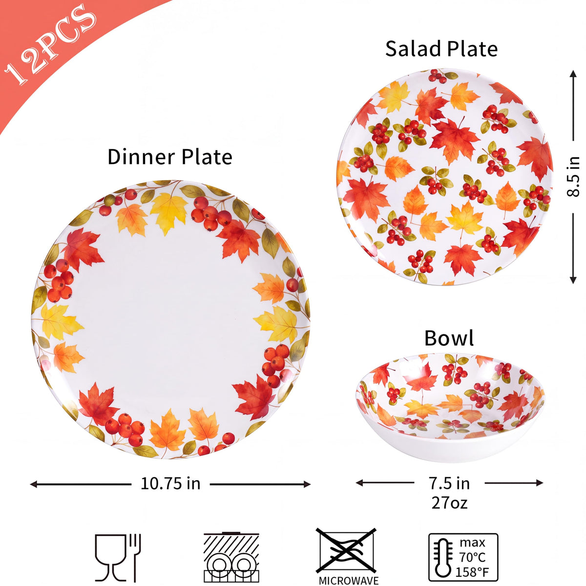 12-Piece Melamine Dinnerware Set, Fall Plates and Bowls Set