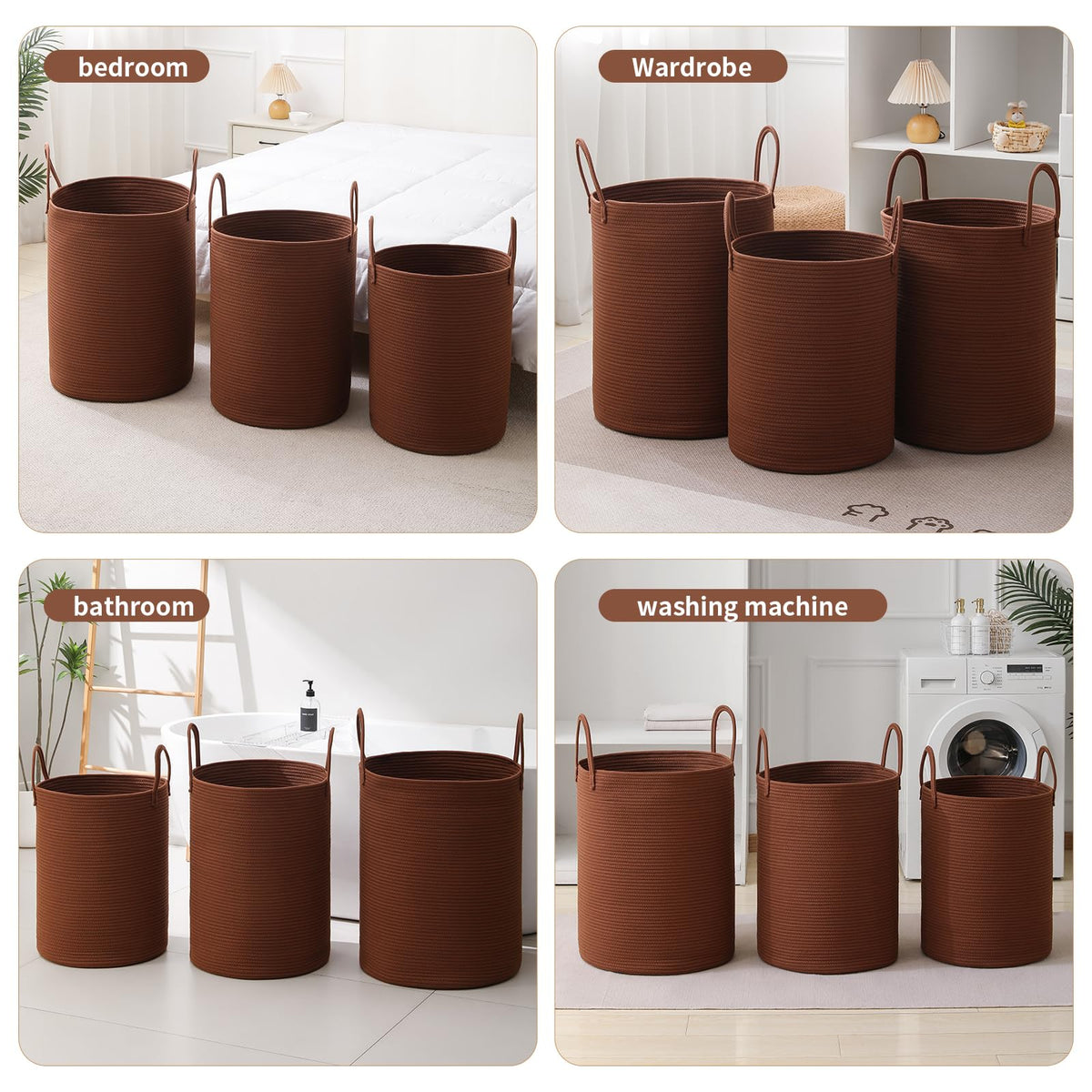 Basket Hamper Tall Rope Storage Woven for Blanket toys Dirty Clothes Bathroom Bedroom (Dark Brown, 60L/15.8Gal)
