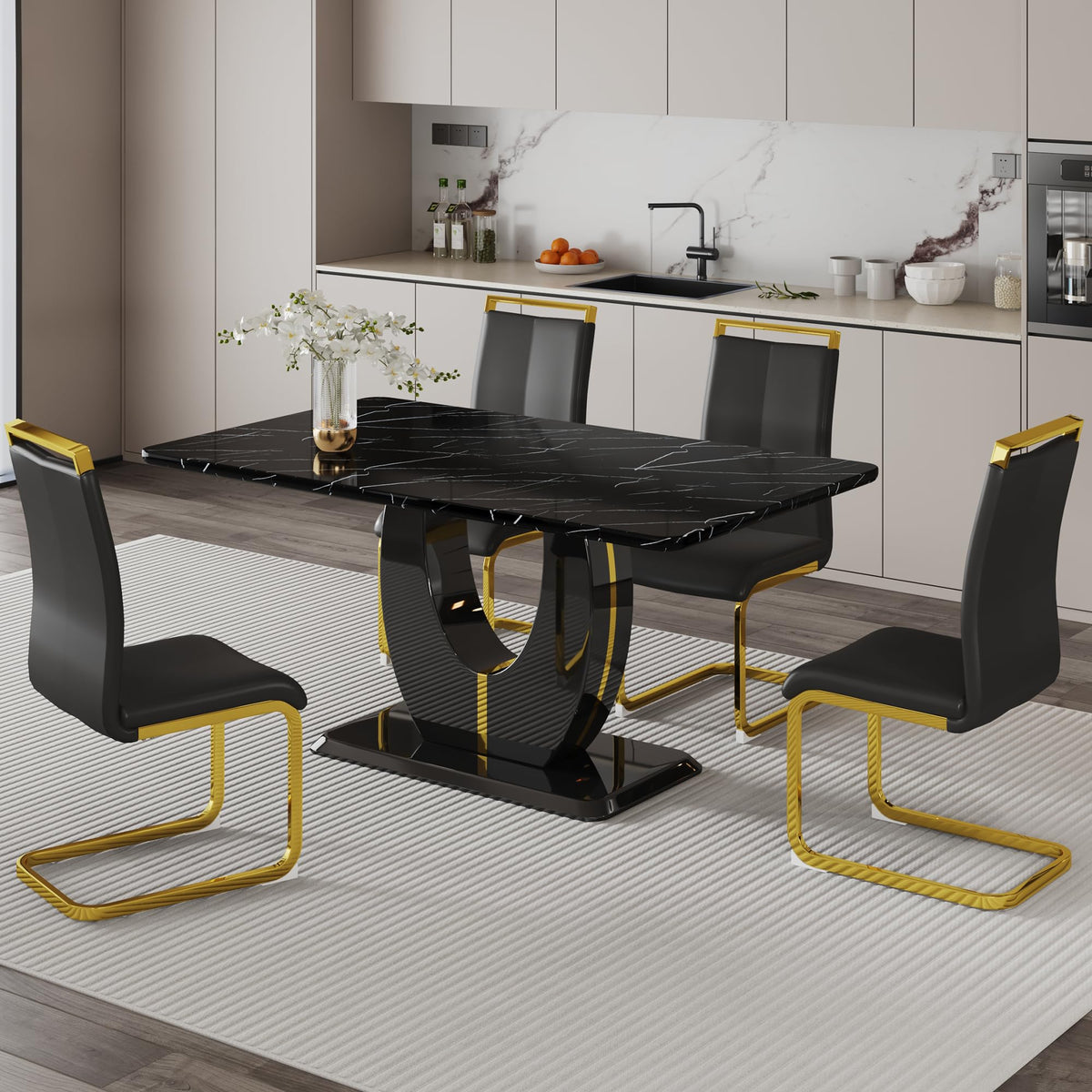 Dining Table Set for 4, Kitchen Table Chairs Set of 4, Modern Dining Room Set with 63 inch Marble Dinner Table PU