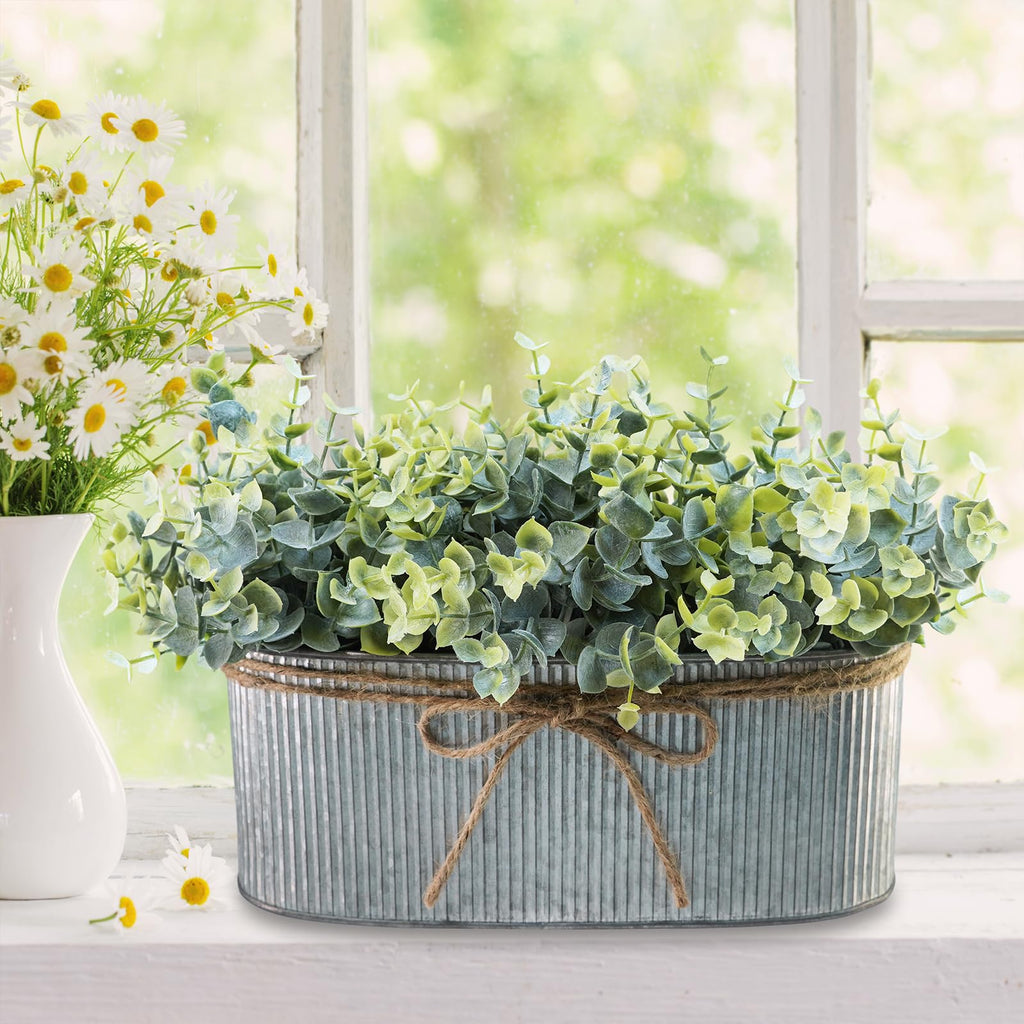 Artificial Eucalyptus Arrangement in Rustic Oval Galvanized Metal Planter Box Faux Eucalyptus Bush Greenery Potted