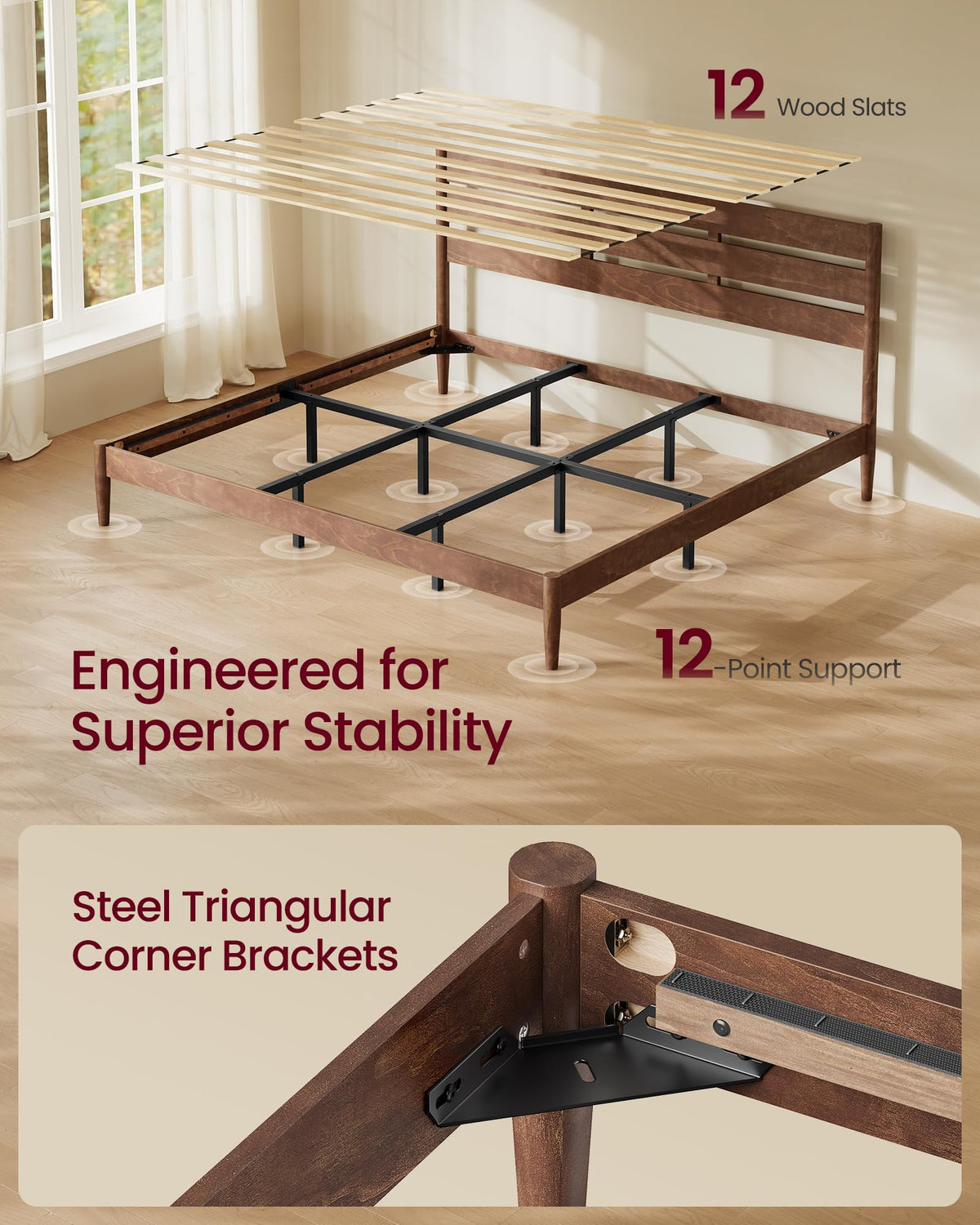 King Bed Frame, Wood Platform Bed with Headboard Storage Shelf