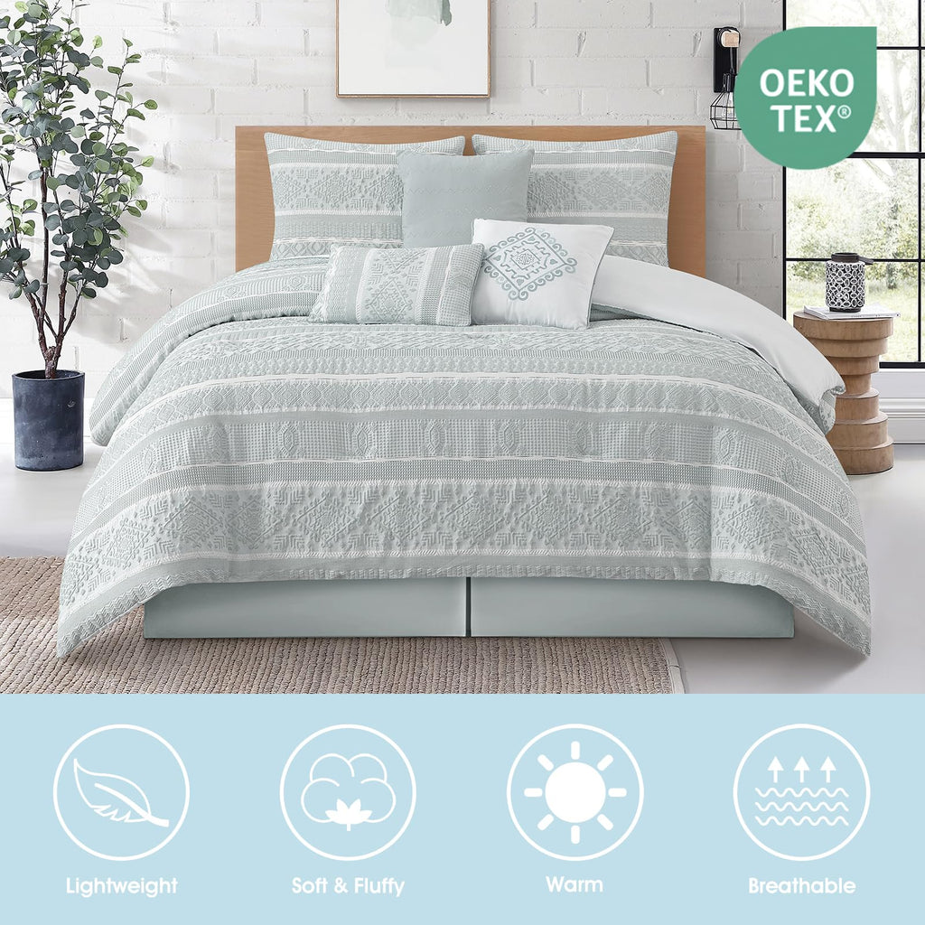 7 Piece Comforter Set, Dusty Green, Elegant Jacquard with Patchwork, Stylish and Cozy Bedding Collection