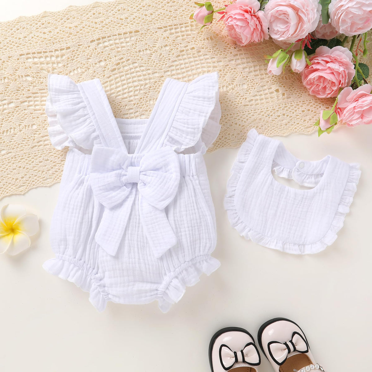 Baby Girl Romper 100% Cotton Ruffle Sleeveless Summer Outfit with Accessory Soft Infant Clothes for Daily Wear