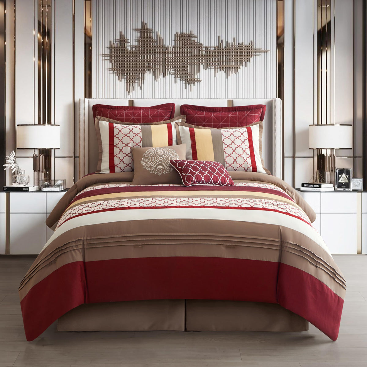 Modern Berry Taupe Comforter Set, Geometric, Jacquard 8 Pieces Bedding Sets All Season with Comforters, Bed