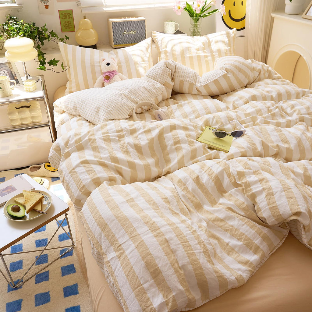 Boho Beige Striped Duvet Cover Soft Washed Microfiber 3-Piece