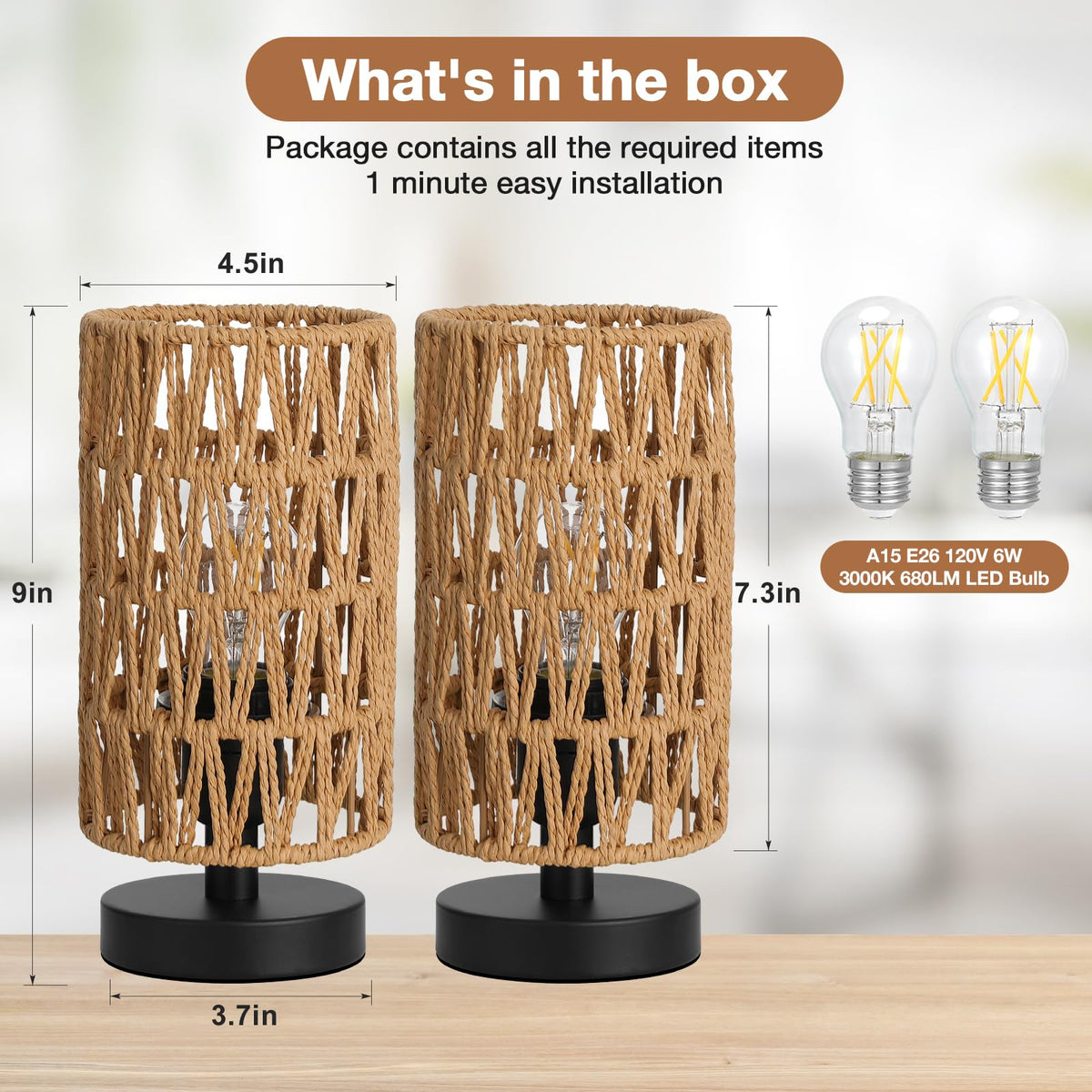 Table Lamps Set of 2 (Rattan Rope Shade - Black Base, 9" Inline Control)