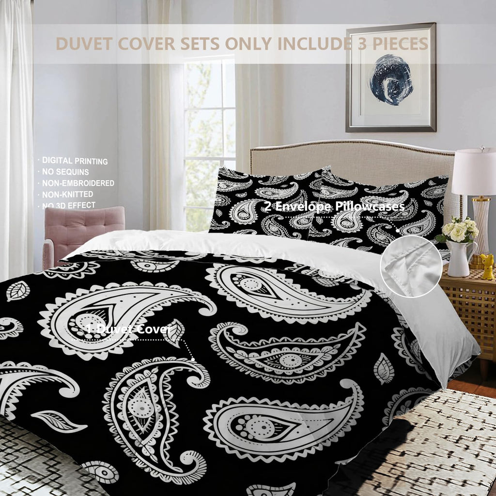 Black Paisley Floral Duvet Cover Set, 3 Pieces Bandana Silk Neck Scarf Kerchief 100% Cotton Bedding Set