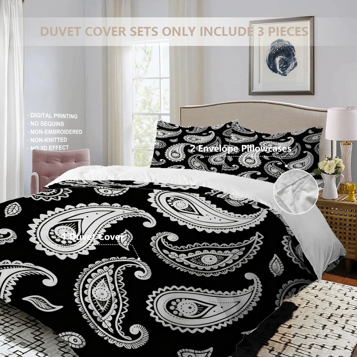Black Paisley Floral Duvet Cover Set, 3 Pieces Bandana Silk Neck Scarf Kerchief 100% Cotton Bedding Set