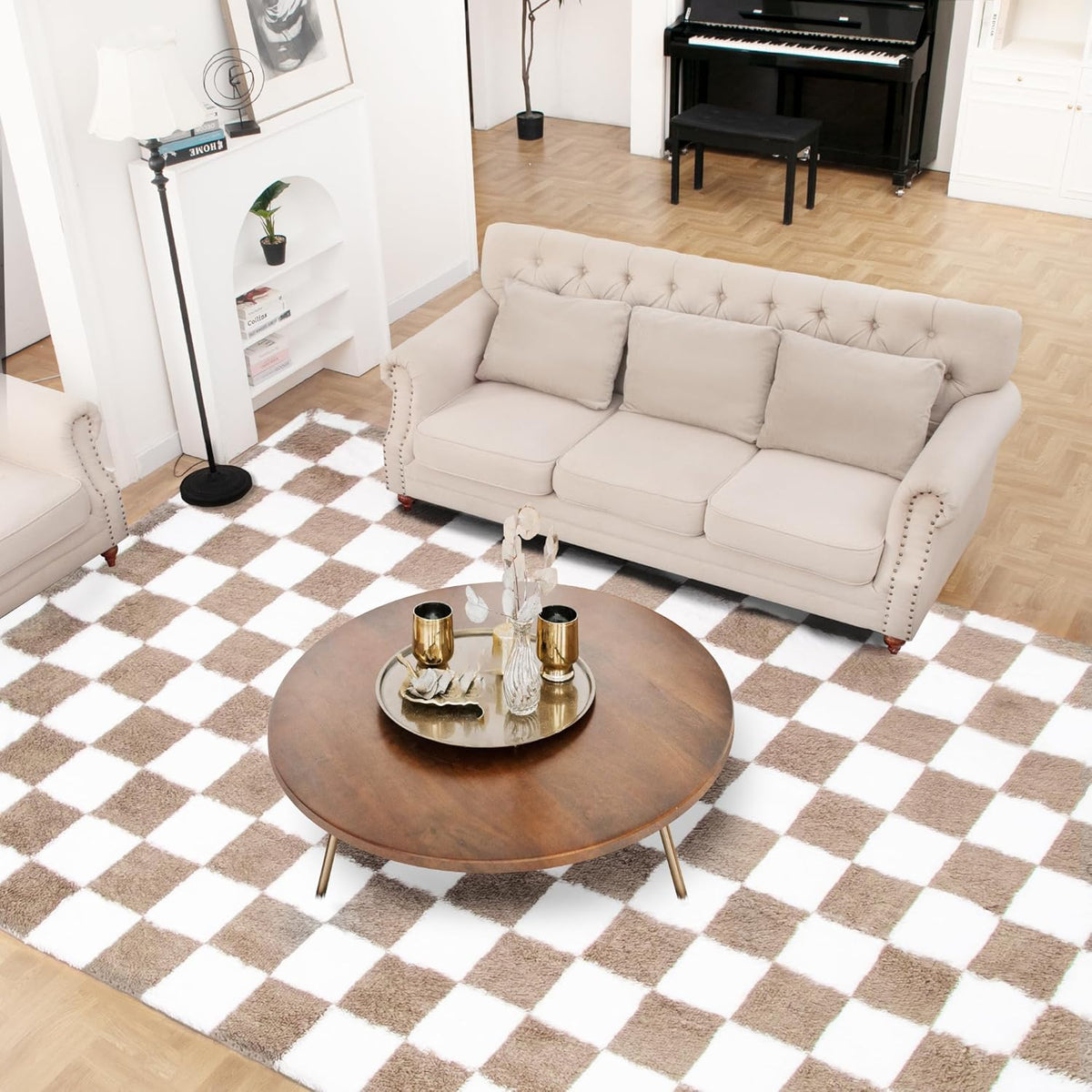 Super Soft Rug, Beige and White Area Rug Classic Checkered Shaggy Anti-Skid High Pile Soft Fluffy Rug Fuzzy