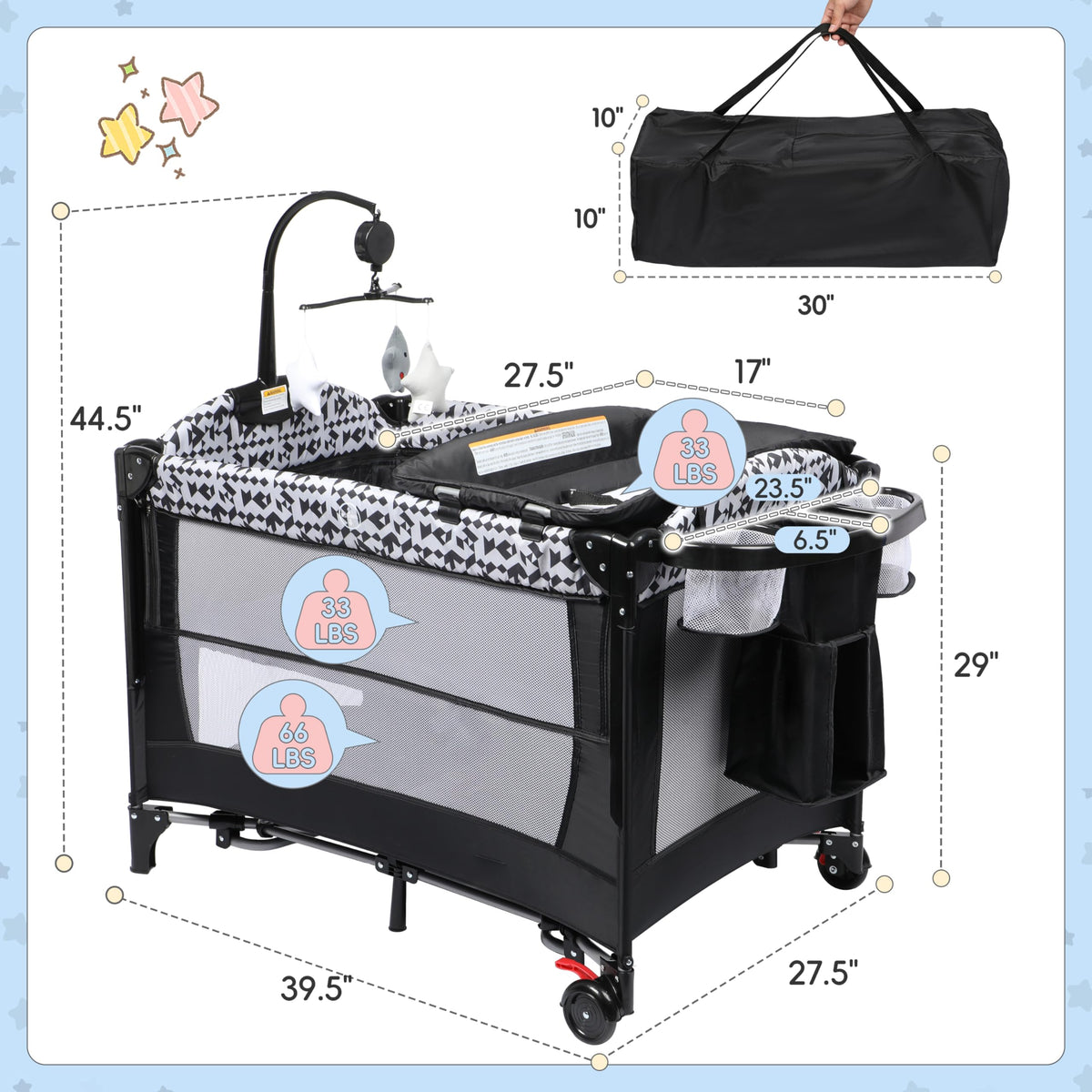 5-in-1 Play Yard, Baby Bassinet Bedside Sleeper with Diaper Changer, Storage Bag & Music Box, Portable Baby Crib