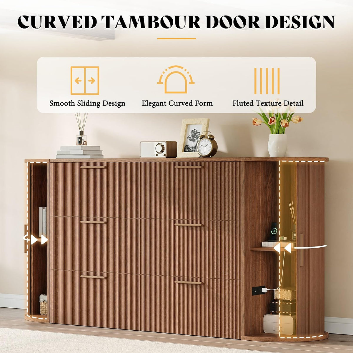 Full Murphy Bed with Storage Bedside Shelves & Sliding Tambour Door, Modern Cabinet Bed with Charging Station & Curved Fluted Design for Bedroom/Guest/Home Office, Brown