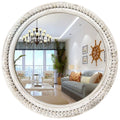 Rustic Round Wall 24 Inch Wood Circle Mirror with Beads, Decorative Farmhouse Mirror (White)